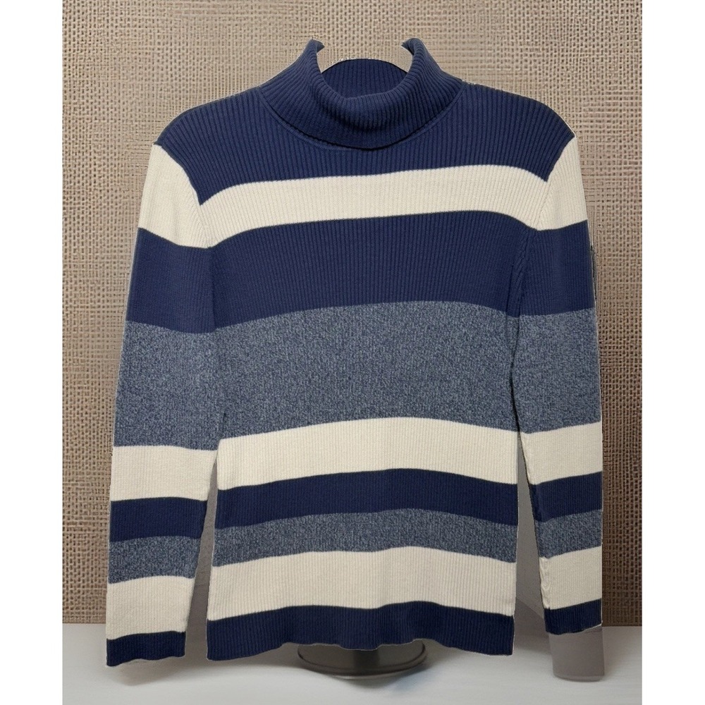 Liz Claiborne Vtg Womens Striped TurtleNeck Blue Sweater Cotton Y2K 90s Sz-XL